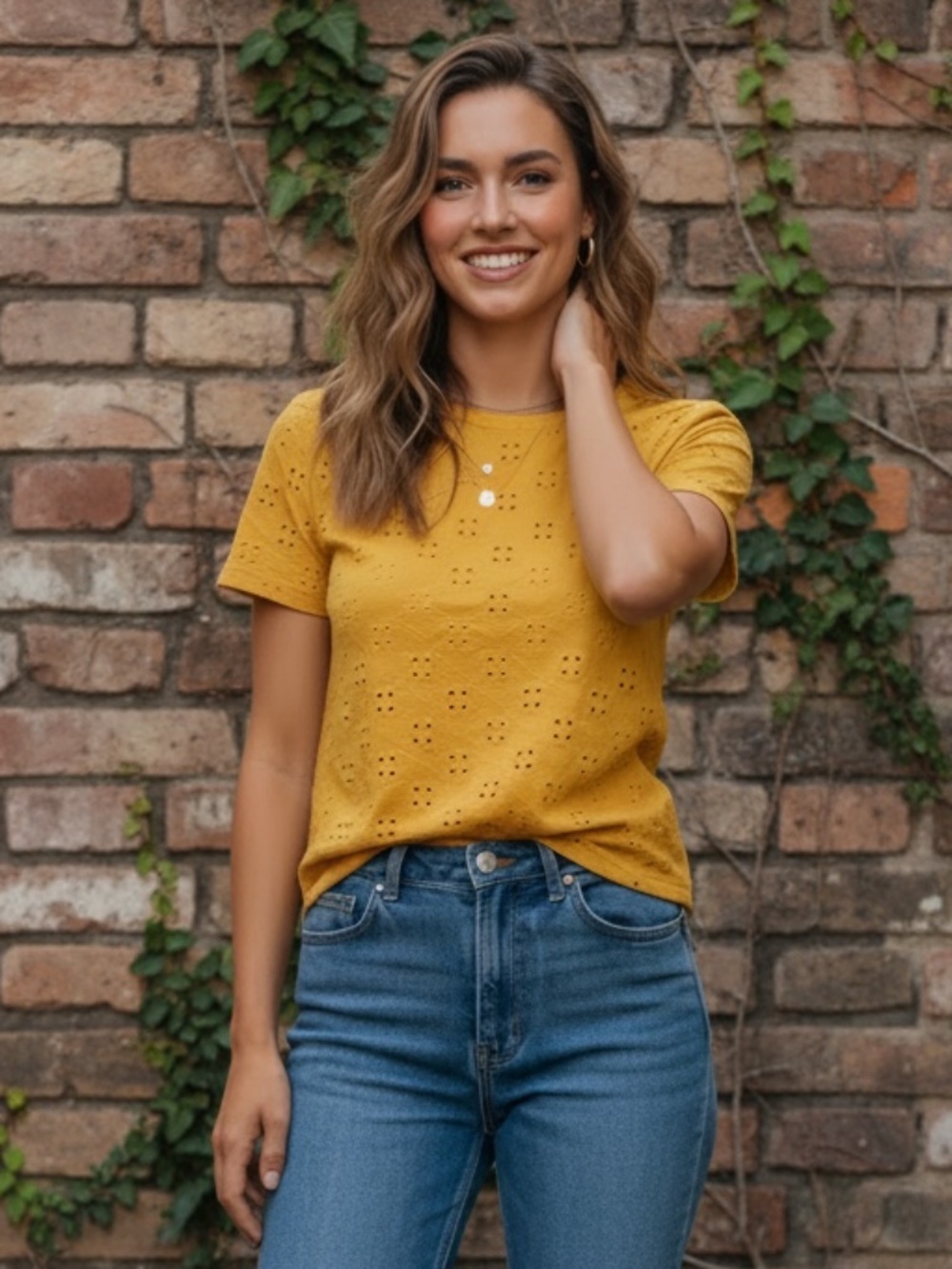 NWOT Twik Simons Women’s Mustard Yellow Eyelet Embroidered T-Shirt Blouse Medium